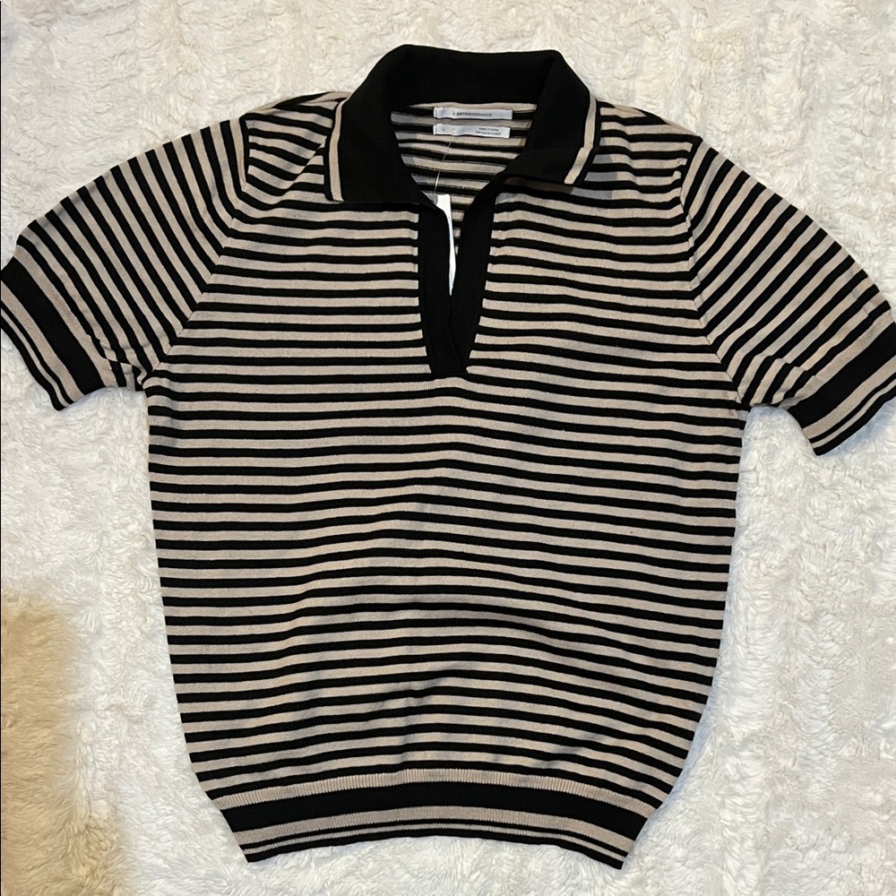 Anthropologie Black and Beige Striped Polo Top